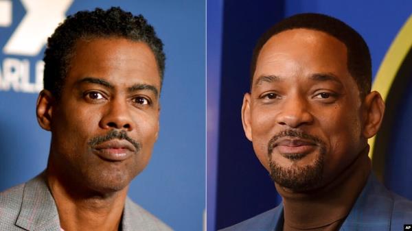 FILE - Chris Rock, left, appears at the Television Critics Association winter press tour in Pasadena, Calif., on Jan. 9, 2020; Will Smith appears at the 94th Academy Awards nominees luncheon in Los Angeles on March 7, 2022.