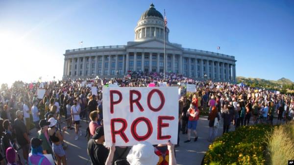 People attend an abortion-rights protest at the Utah State Capitol in Salt Lake City after the Supreme Court overturned Roe v. Wade, June 24, 2022. 