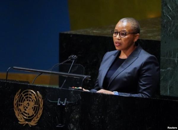 FILE - South Africa's ambassador to the U.N., Mathu Joyini, speaks at the United Nations Headquarters in Manhattan, New York, March 1, 2022.