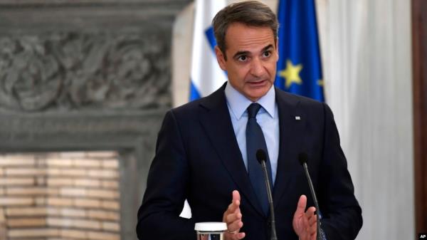 Greek Prime Minister Kyriakos Mitsotakis talks to the media during a press co<em></em>nference after a meeting with German Chancellor Olaf Scholz (not pictured), at Maximos Mansion in Athens, Oct. 27, 2022. 