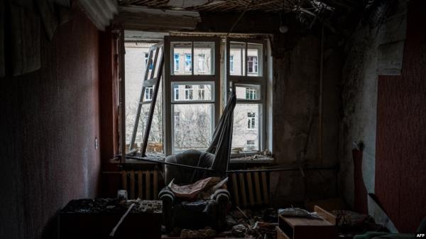 This Jan. 5, 2023, photograph shows the interior of an apartment damaged after a missile strike in Chasiv Yar, eastern Ukraine, on Jan. 5, 2023.